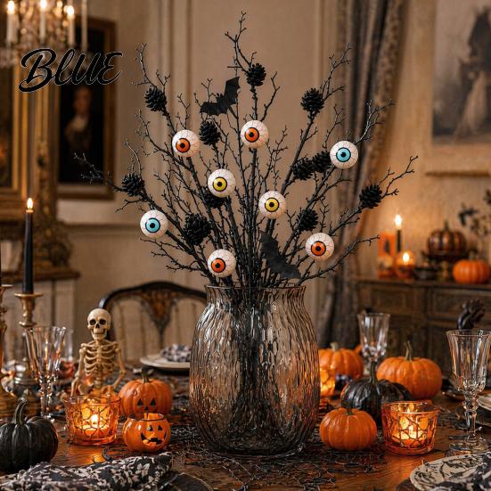 Fake Dead Branches Halloween Black Artificial Branches Scary Eyeballs Picks with Bats Pine Indoor Outdoor Branch Cones for Gothic Vase Filler Floral