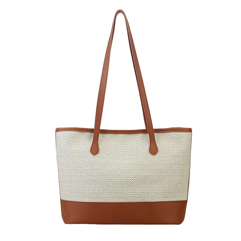 Women Woven Tote Handbag Patchwork PU Leather Summer Beach Handbag Large Capacity Handwoven Travel Handbag Female Shopping Bag S коричневый