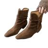 Sheepskin version~ niche square head fringed handmade string wood grain tapered heel western cowboy boots short boots women's stacking boots