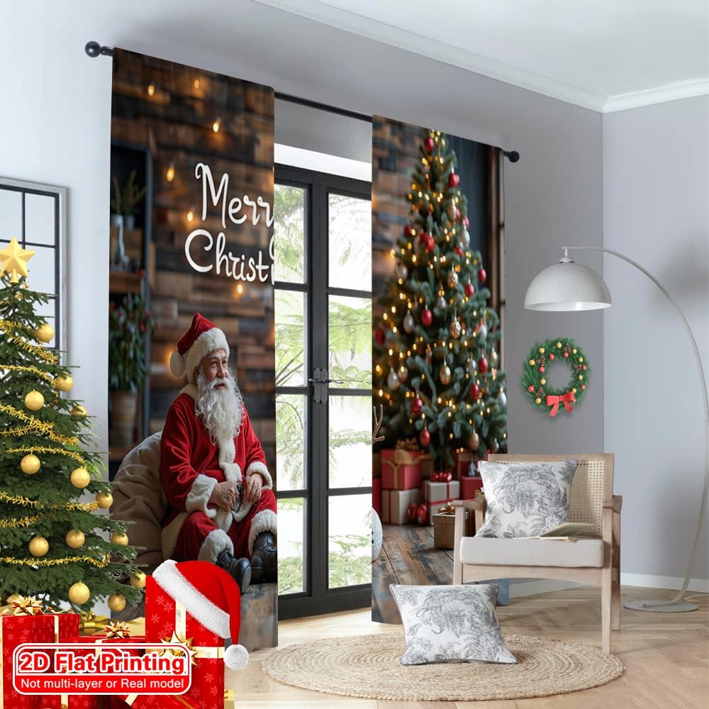 2pcs 2D flat printing Merry Christmas Popular Curtains Merry Christmas Santa Snowman_a 100% Polyester Without Electricity Family