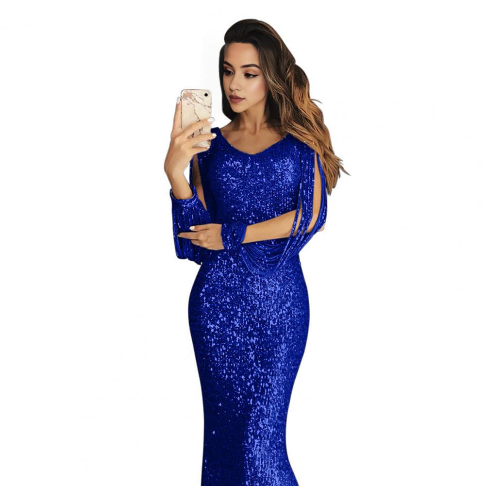 Damen Ballkleid Quastenärmel Etuikleid Schlanke Passform V-Ausschnitt Einfarbige Pailletten Fischschwanzsaum Abendkleid Cocktailparty Maxikleid