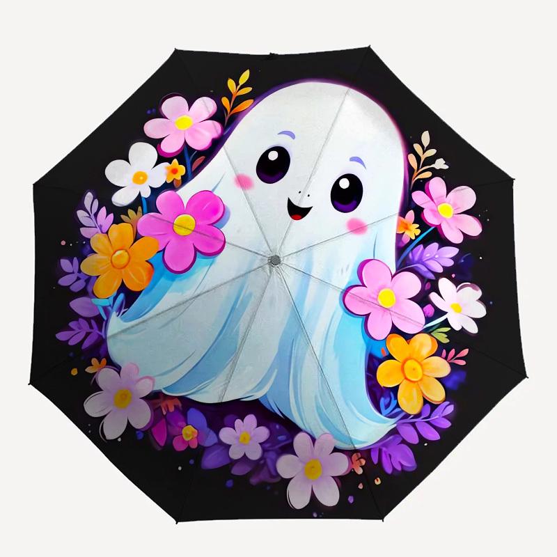 1pc Cute Ghost with Flowers Umbrella with Plastic Handle,Suitable for All Seasons UmbrellaPT585