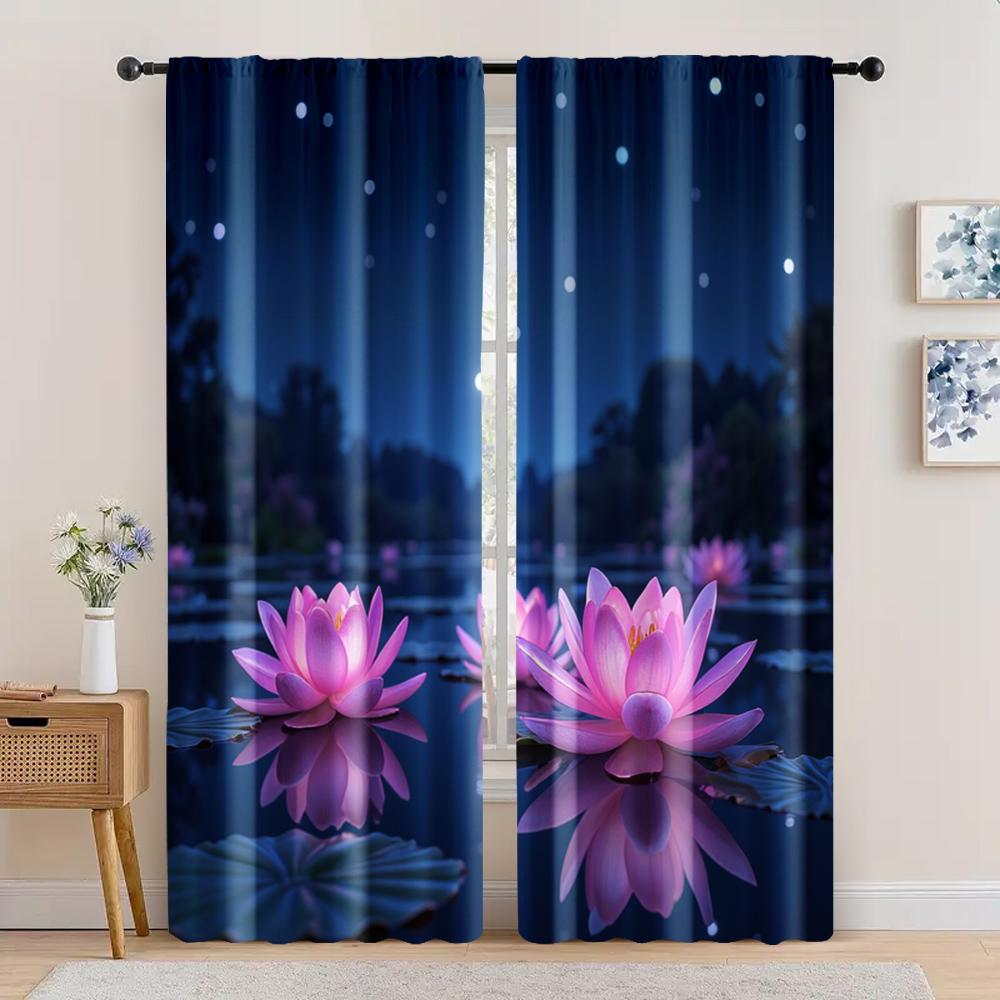 2pc,  Scene Curtains Elegant Pink Lotus Machine Washable Polyester,Without Electricity Wall Decor Suitable for Holiday Home