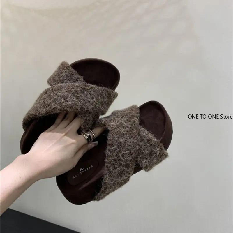 Fashion New House Blue Furry Slipper Women Winter Women Cross Fluffy Fur Home Slide Flat Indoor Floor Shoes Ladies FlipFlops Woman Shoes