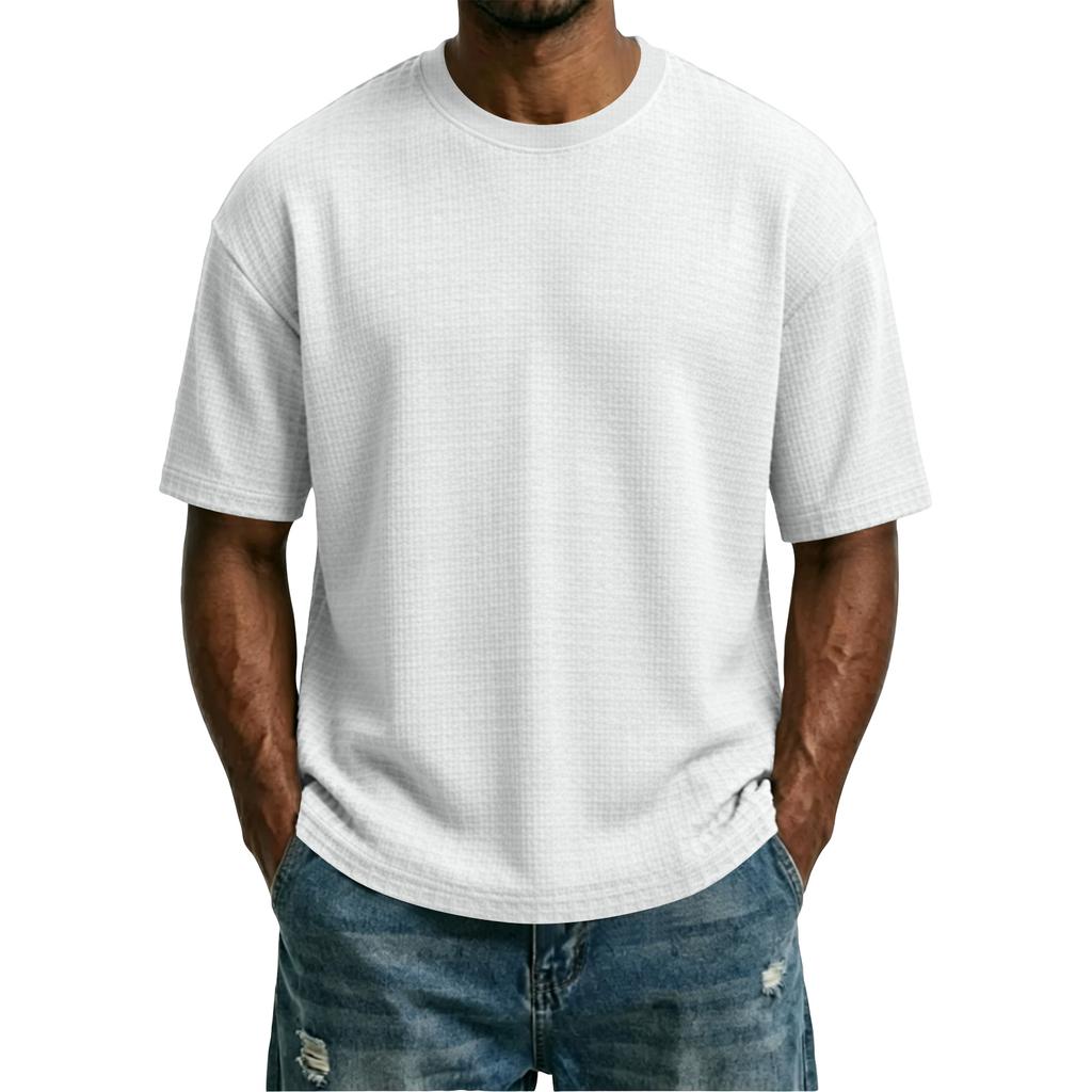 Men's Solid Waffle Texture Loose Fit Crew Neck Short Sleeve T Shirt Casual Lightweight Breathable Fabric Summer Top