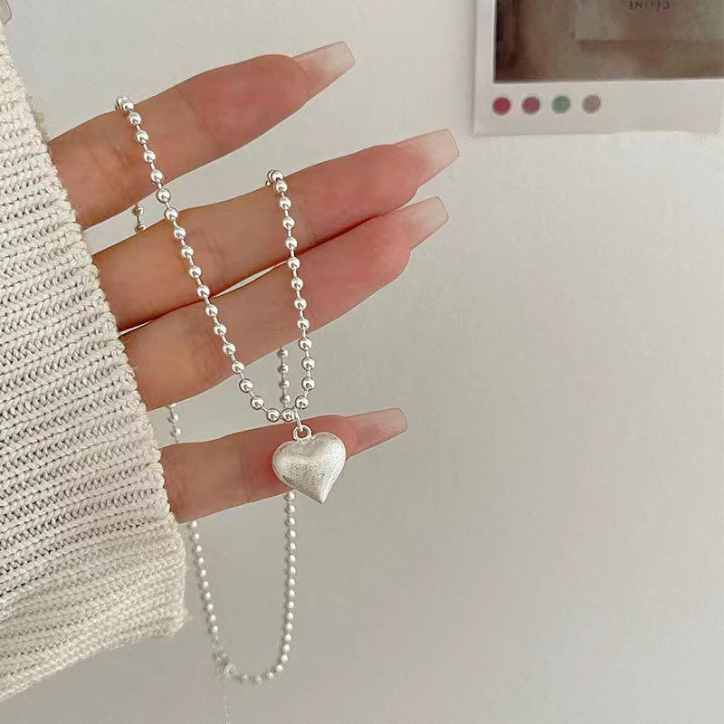 

S990 Sterling Silver Brushed Heart Necklace with Round Bead Clavicle Chain - Women s Light Luxury Heart Pendant. Pure Silver