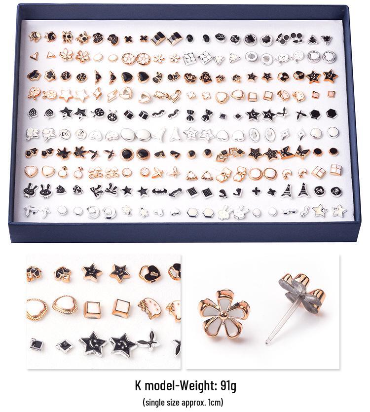 Korean 100-Pair Plastic Boxed Earrings Set - Soft Clay Drip Design, Diamond Glue Needle, Anti-Allergic.