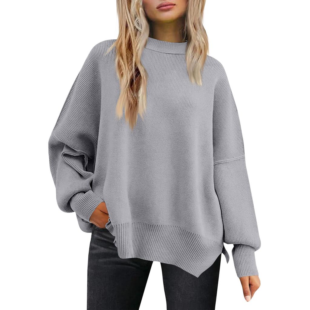 Women's Fashion Round Neck Long Sleeve Sweater Knitted Side Slit Pullover