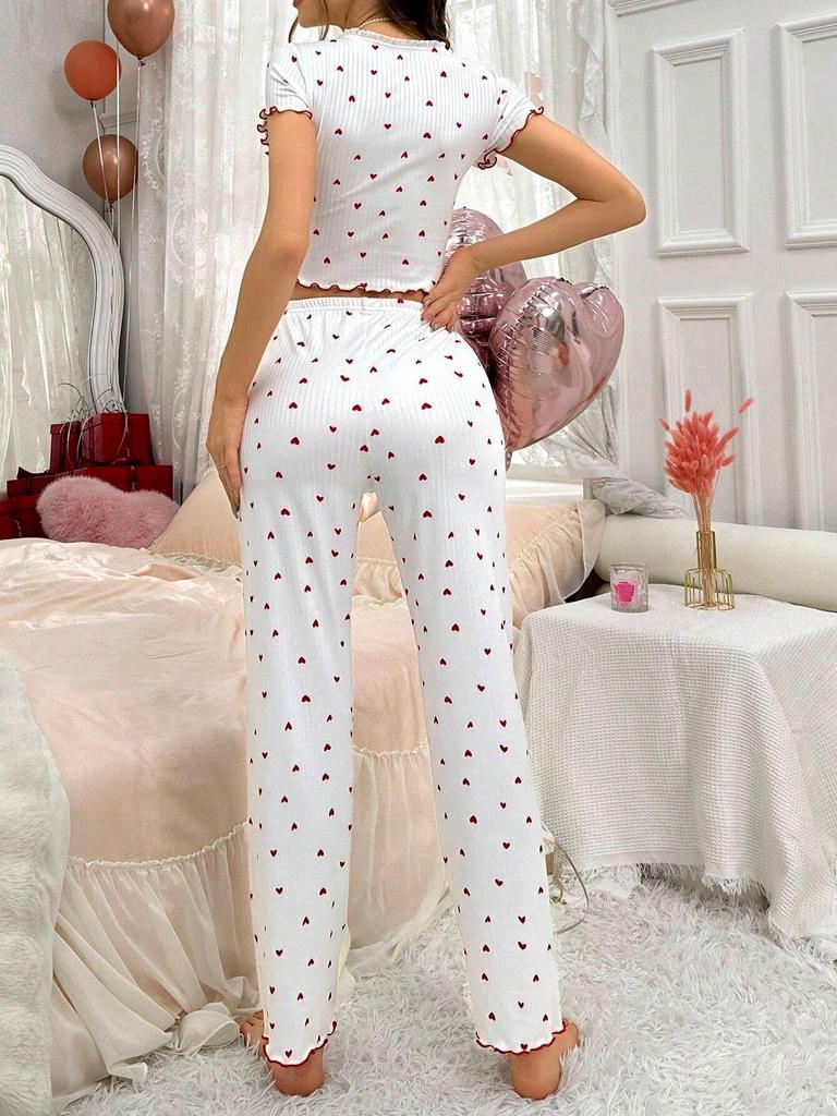 Heart Print Women’s Pajama Set: Stylish European & American Design, Wearable Outdoors, Long Pants, Two-Piece