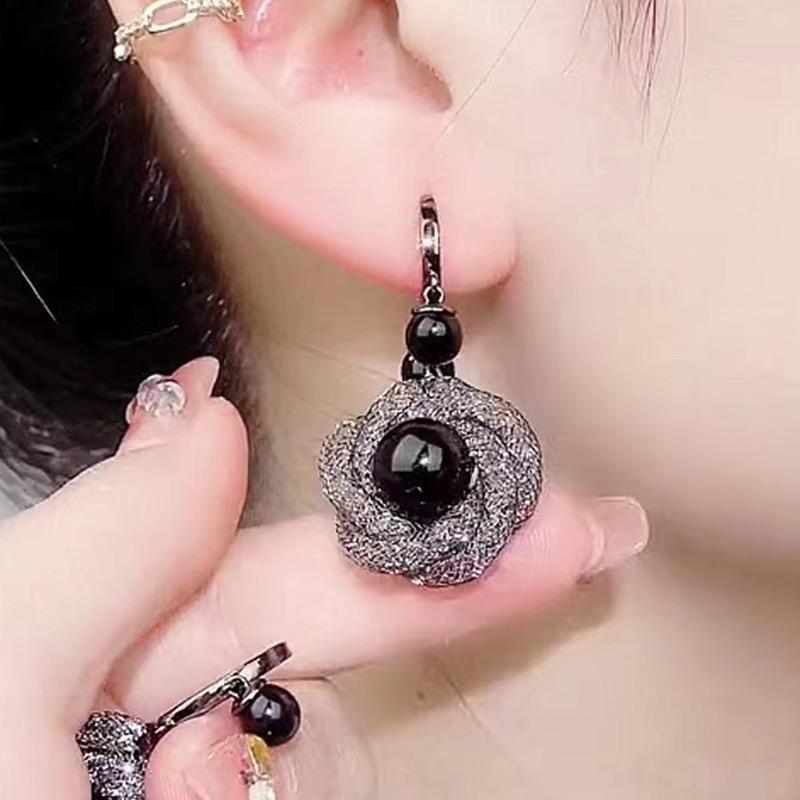 Luxury Black Pearl Stone Hoop Earrings For Women Vintage Female  Wedding Jewelry