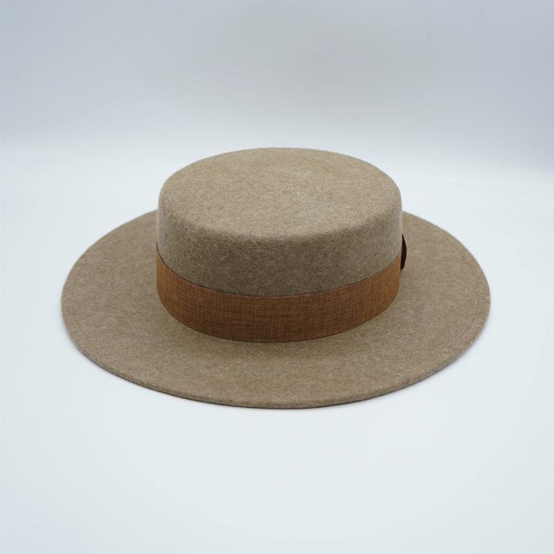 French retro oat wool woolen flat top top hat women's autumn and winter versatile British wide brim Panama camel felt hat