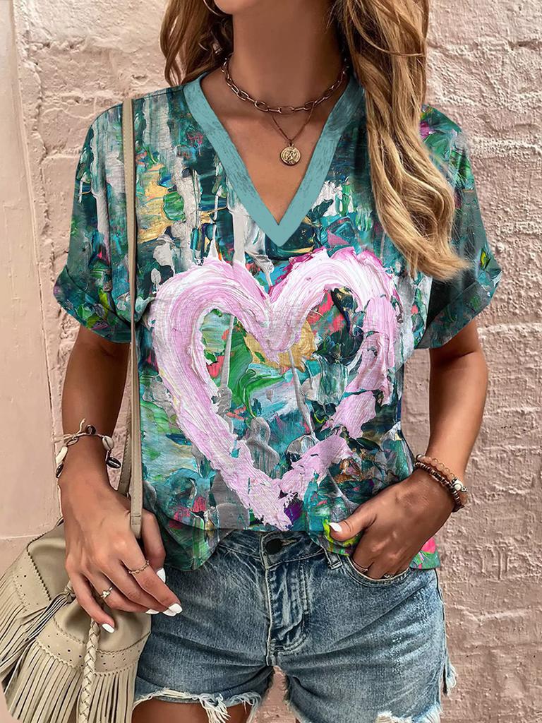 2025 New Summer Women's V-Neck T-Shirt Outdoor Casual Short Sleeve Tops Fashion Love Style Pattern OverSize Women's Clothing