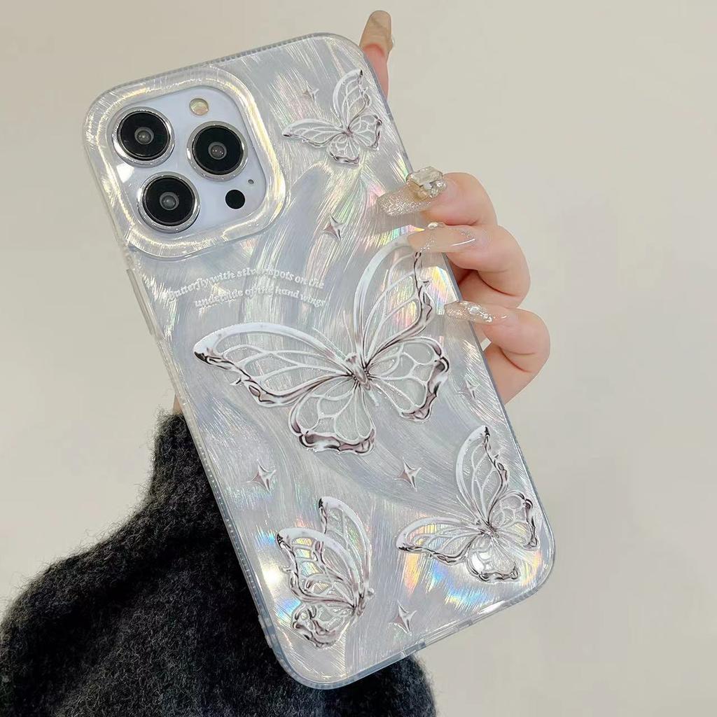 Feather Yarn Laser Butterfly Mobile Phone Case Is Suitable for Apple 15PROMAX Rose 14 Trend 13 Creative 12 Large Holes 11