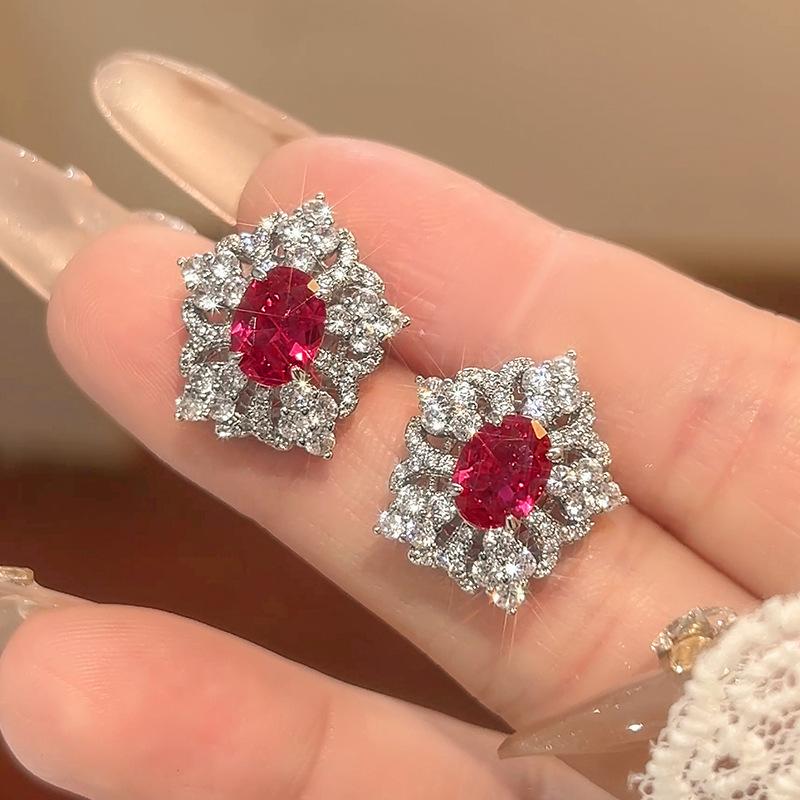 Jewelry Set Earrings Necklace Ring Light Luxury Heavy Industry Bright Pigeon Ruby Female
