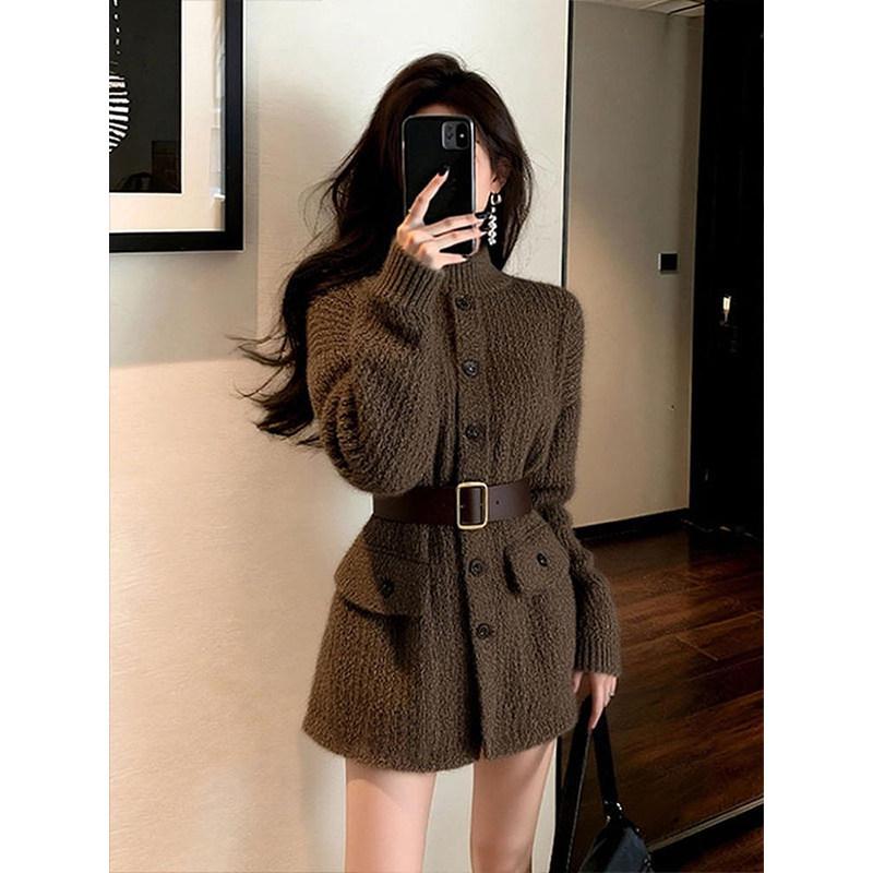 Elegant Korean-Style Waist-Cinched Tweed Top and Stand Collar Brown Knit Dress for Women, Spring 2026