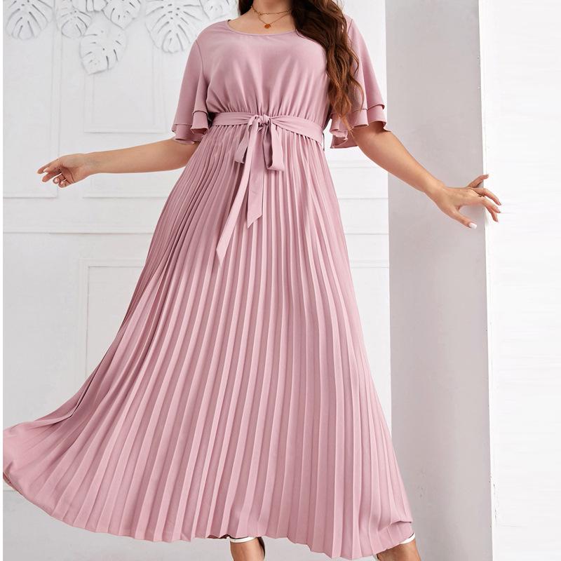 Elegant Long Swing Dress with Square Neck and Lace-up Design - Short Sleeve, Slimming, Pleated for Spring, Summer, Autumn