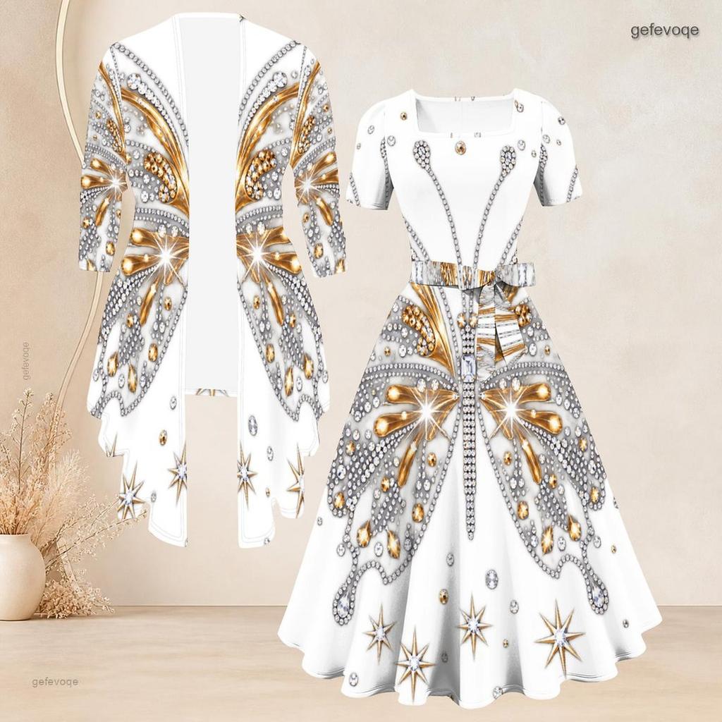 Women Plus Size Two Piece Set Black Printed Square Neck Short Sleeve Tie Waist Flared Dress And 3 4 Sleeve Cardigan