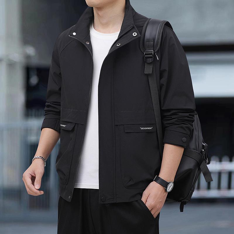 Stand Collar Work Jacket for Men's Trendy Slightly Loose Waterproof Windproof Jacket for Young Work Jacket
