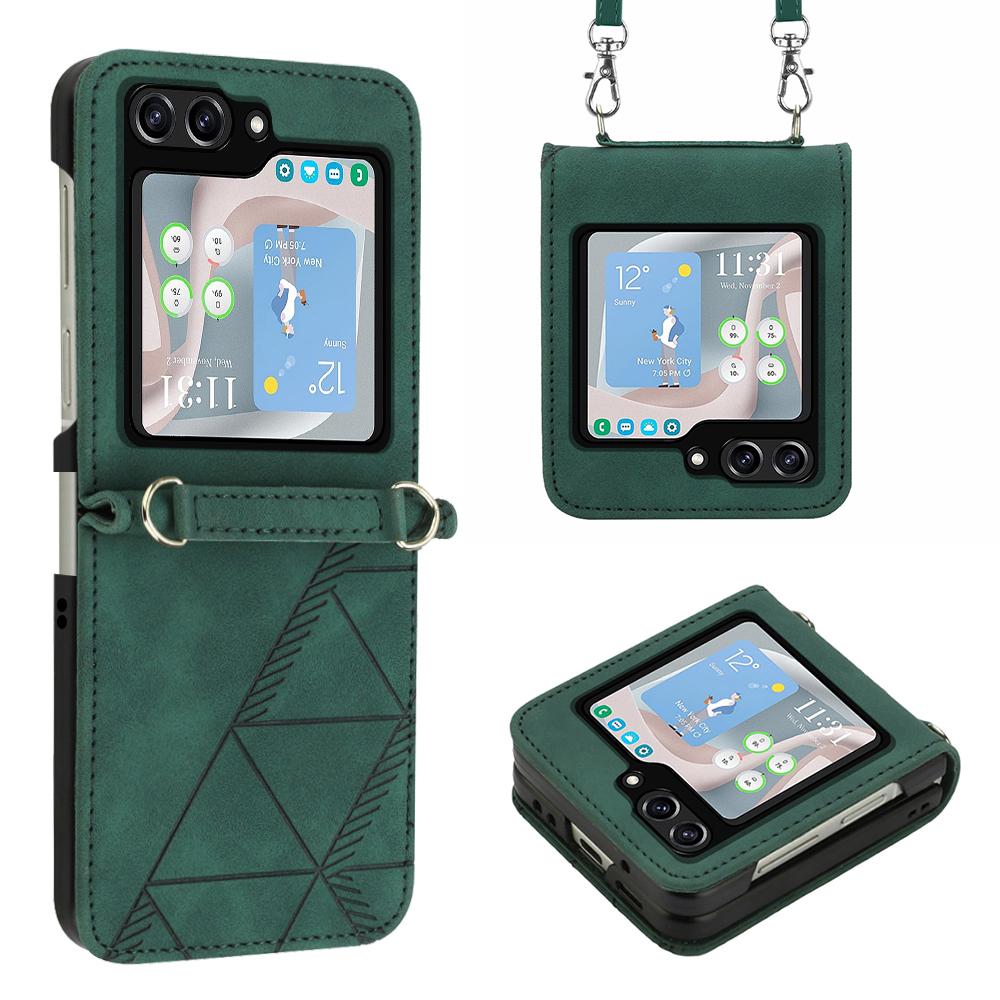

For Samsung Galaxy Z Flip5 5G Leather Case with Shoulder Strap Wallet Stand Phone Cover Blackish Green