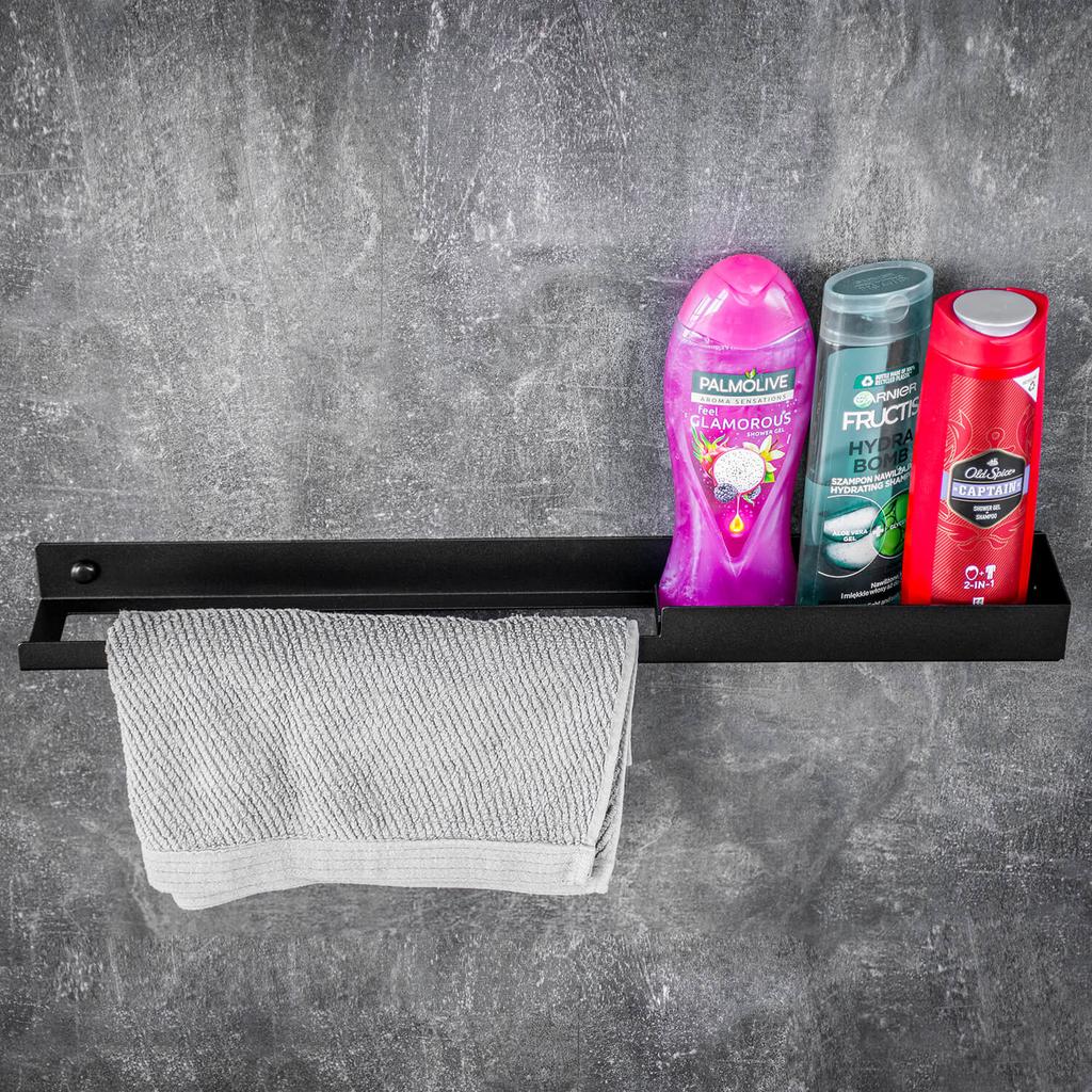 Black Bathroom Shelf Hanging In the Shower for Towels and Cosmetics