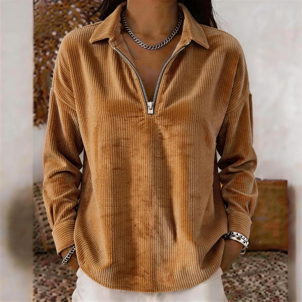 Women's Corduroy Long Sleeve Top with Loose Fit Turn-Down Collar Retro Blouse