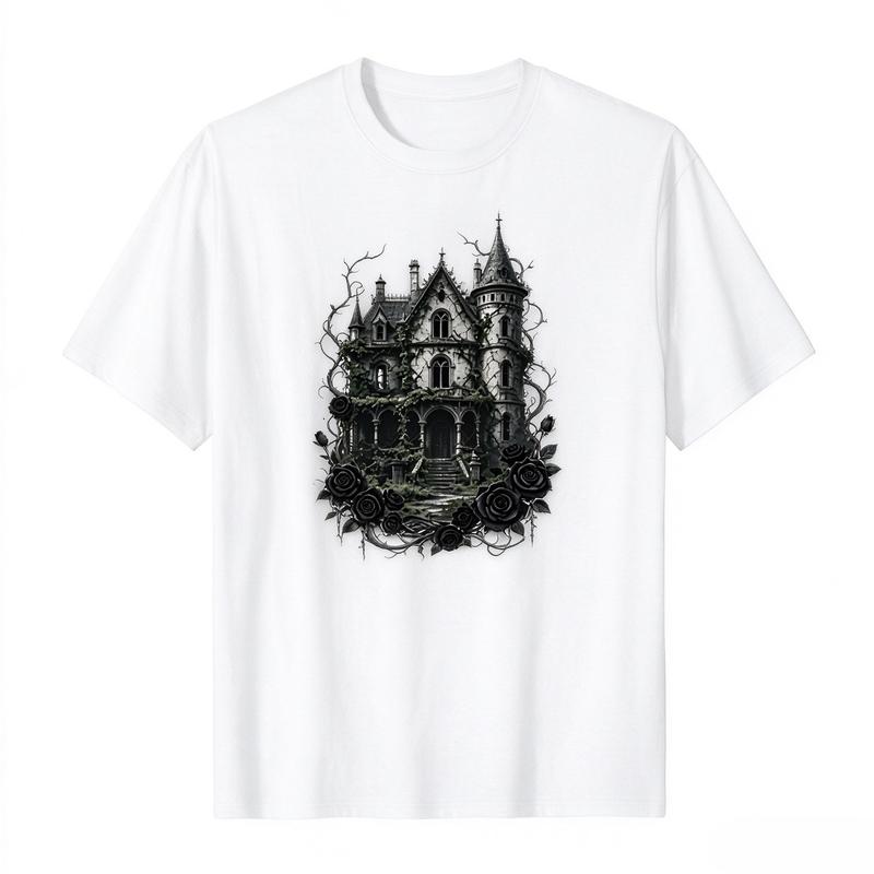 Unisex Unisex Dunkles Gotisches Schloss Und Schwarze Rose T-Shirt Vintage Spukhaus Grafik Kurzarm Oberteile Geschenk Mode Unisex Y2k Oberteil