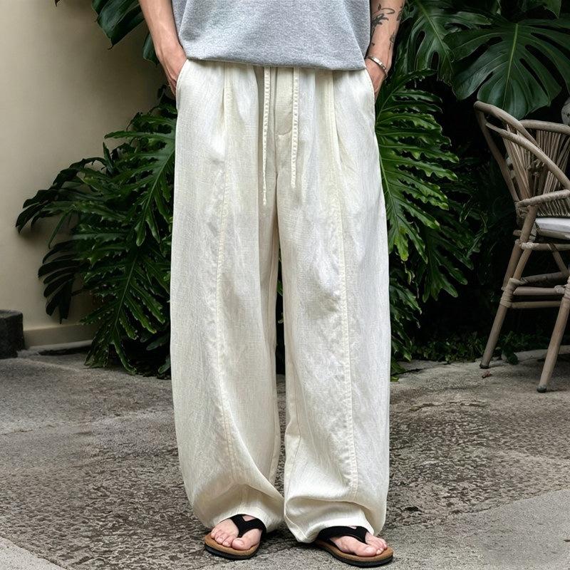 Chinese style summer thin Lyocell Tencel rain dew linen cotton and linen pants men's wide-leg old money style hemp pants