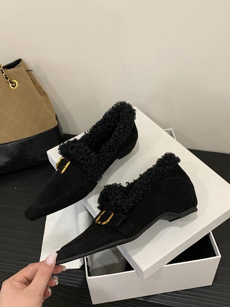 2025 Autumn and Winter Plush Shoes Women's Winter Pointed Head Inner Height Mary Jane Shoes Small Leather Shoes Loafers Women's Single Shoes Tide