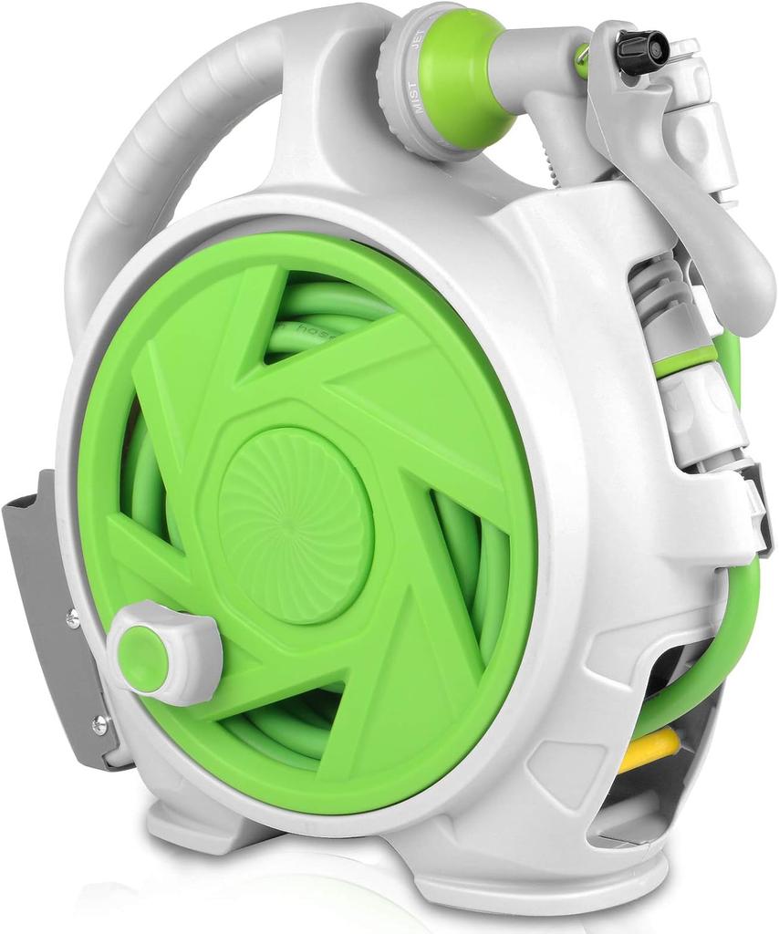 46FT Pro Garden Hose Reel 7 Pattern Nozzle Adjustable Wall Mount Precision Length Lock Water Saving Design for Lawn Bed Cleaning