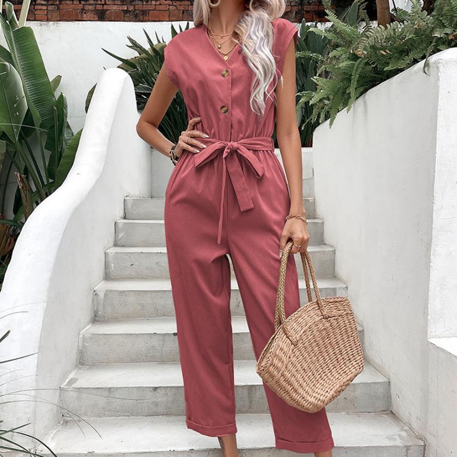 YYFS Damenmode Casual Sommer Frühling Einfarbig Druck Ärmellos V-Ausschnitt Hohe Taille Hosen Overalls & Strampler