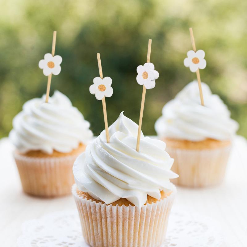 100pcs Daisy Flower Food Picks Disposable Dessert Fruit Forks Kids Birthday Party Cake Decoration Wedding Baby Shower Supplies