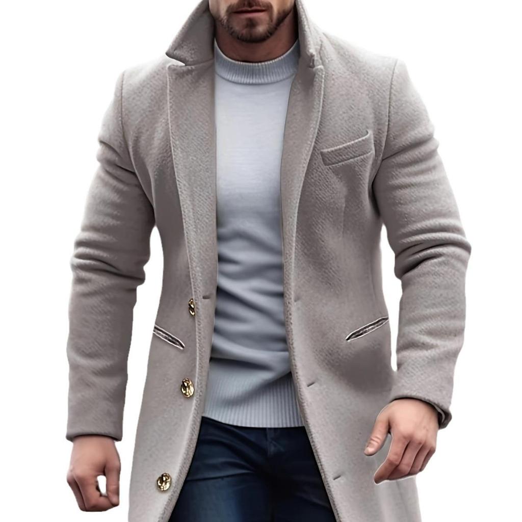 Mittellanger Wollmantel für Herren 2024: Europäischer & Amerikanischer Stil, Schmal geschnittener Anzugkragen, Winter-Windbreaker