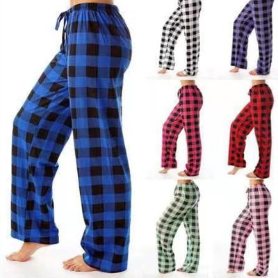 Casual Pants, Elastic Checkered Sleepwear, Loose Drawstring Wide Leg Pants