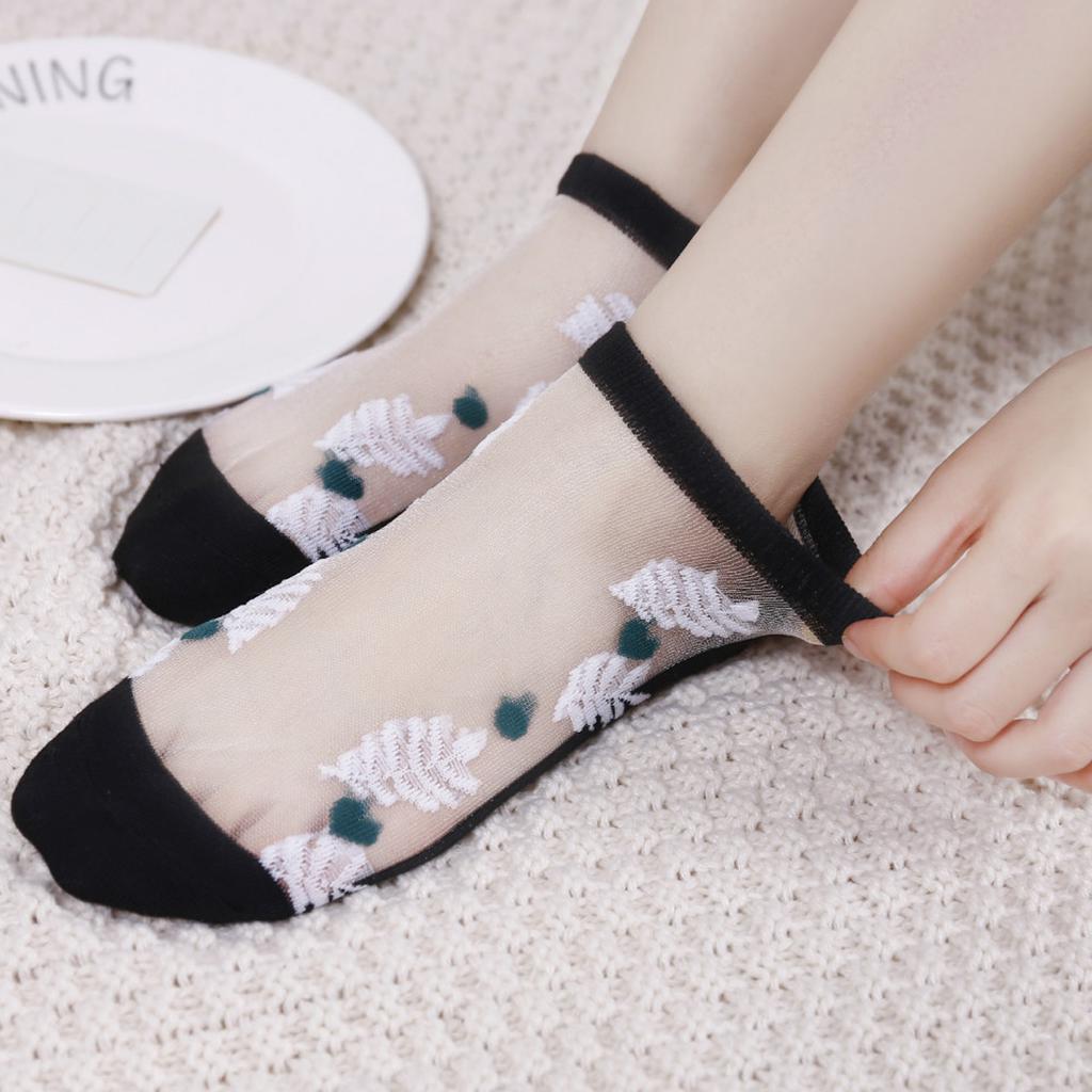 5 Pairs/Lot Summer Short Sock Ultra-Thin Flower Glass Silk Fashion Ladies Socks Lace Boat Socks Low Transparent Invisible Socks