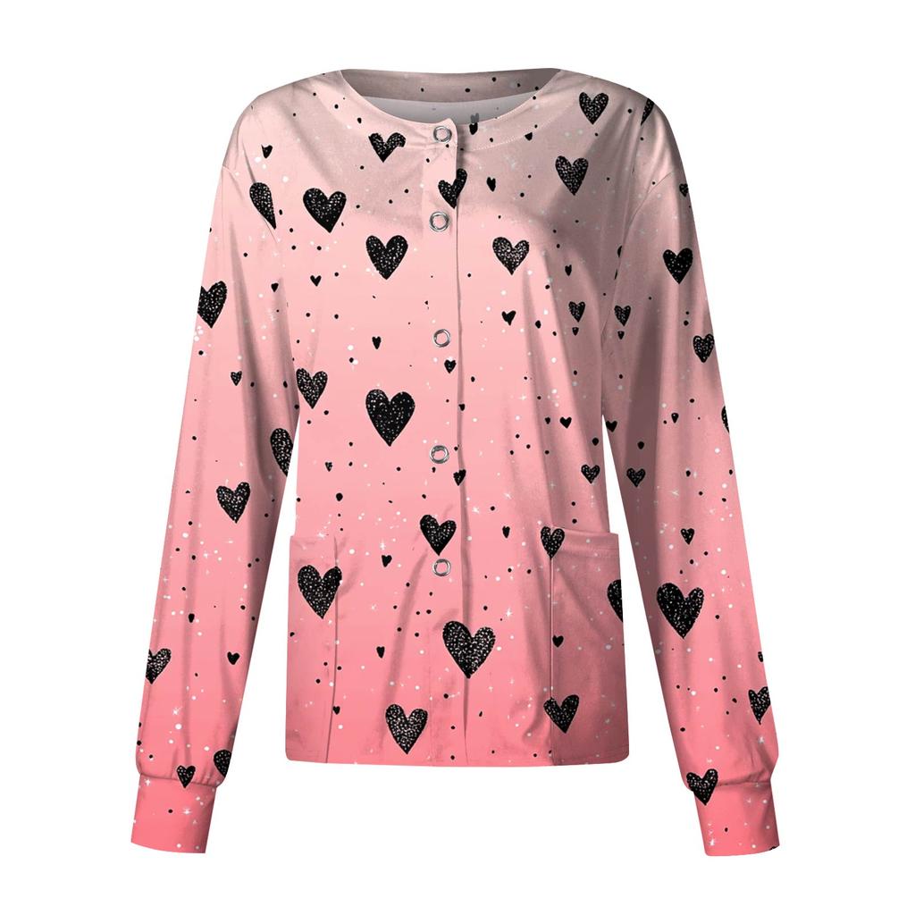 Women's Casual Fashion Long Sleeve Standing Collar Single Breasted Valentine's Day Print Workwear Jacket Tops