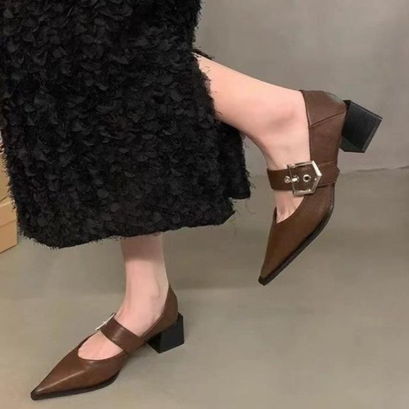 2026 Women's Coarse Heel Shoes Autumn New Pointed Head Shallow Mouth Metal Buckle Anti-slip Wear-resistant Low-top Shoes