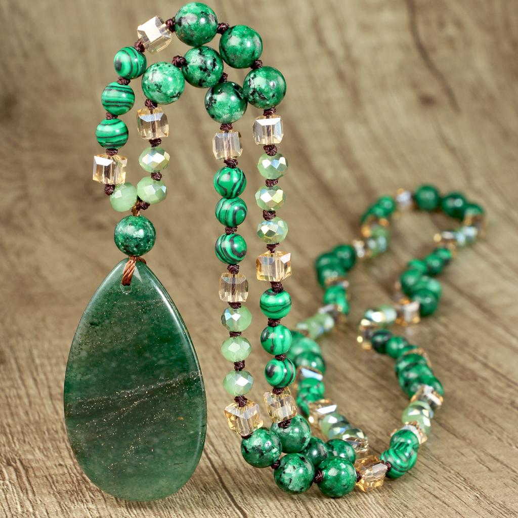 Beads Chain Long Necklaces Green Stone Water Drop Pendant Necklace Sweater Chain Jewelry For Women Gift