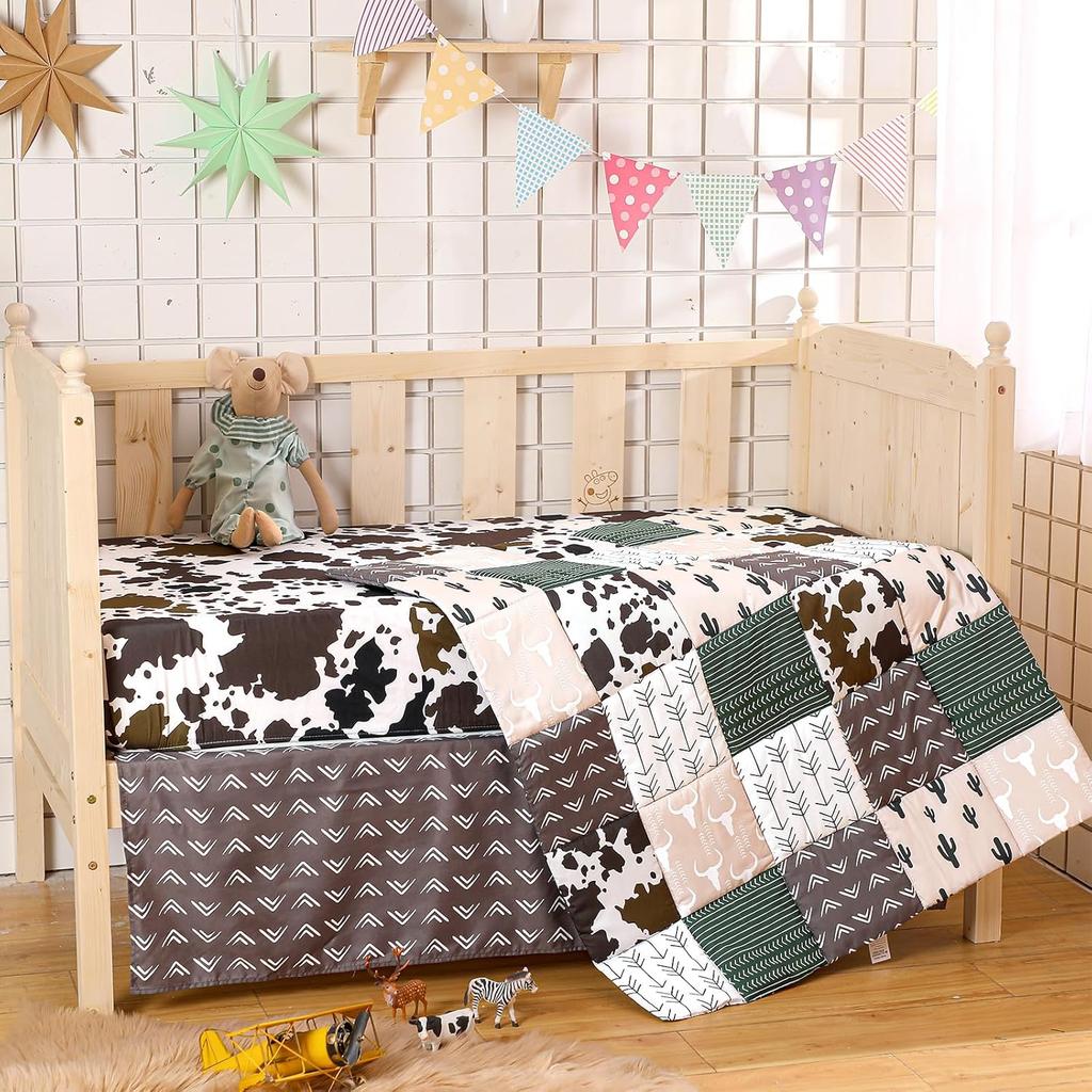 3 Piece Patchwork Crib Bedding Set, Neutral Cow Cactus Print Baby Bedding, Barnyard Western Nursery Decor, Standard Size Soft Baby Bed Set Includes