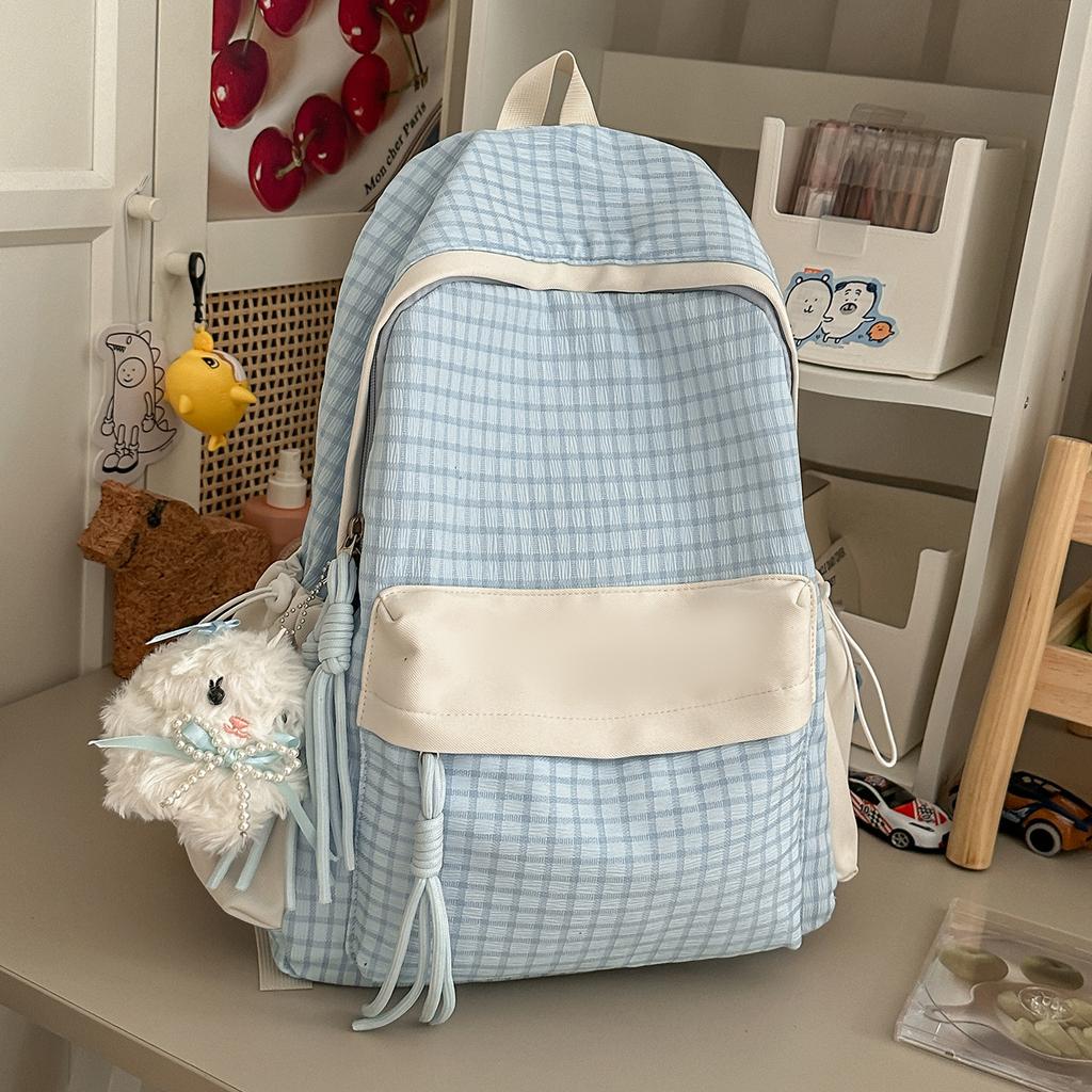 Schoolbag Qingti Milk Green New Korean Version Contrasting Color Plaid Backpack Student Schoolbag Women's Large-capacity Simple Versatile Backpack