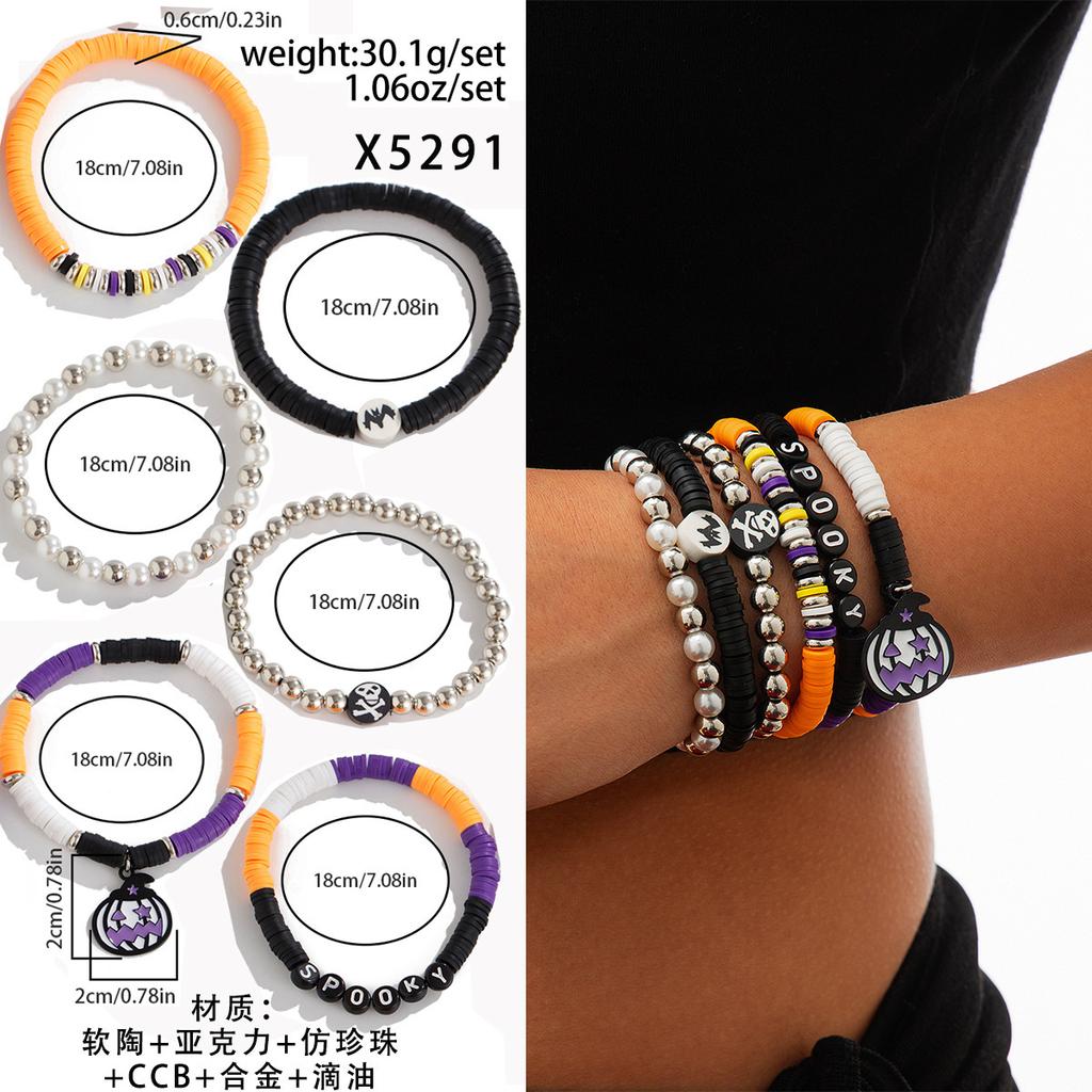 Halloween Skull Pumpkin Bracelet Set Dark Witch Spider Mixed Color Beaded Funny Bracelet