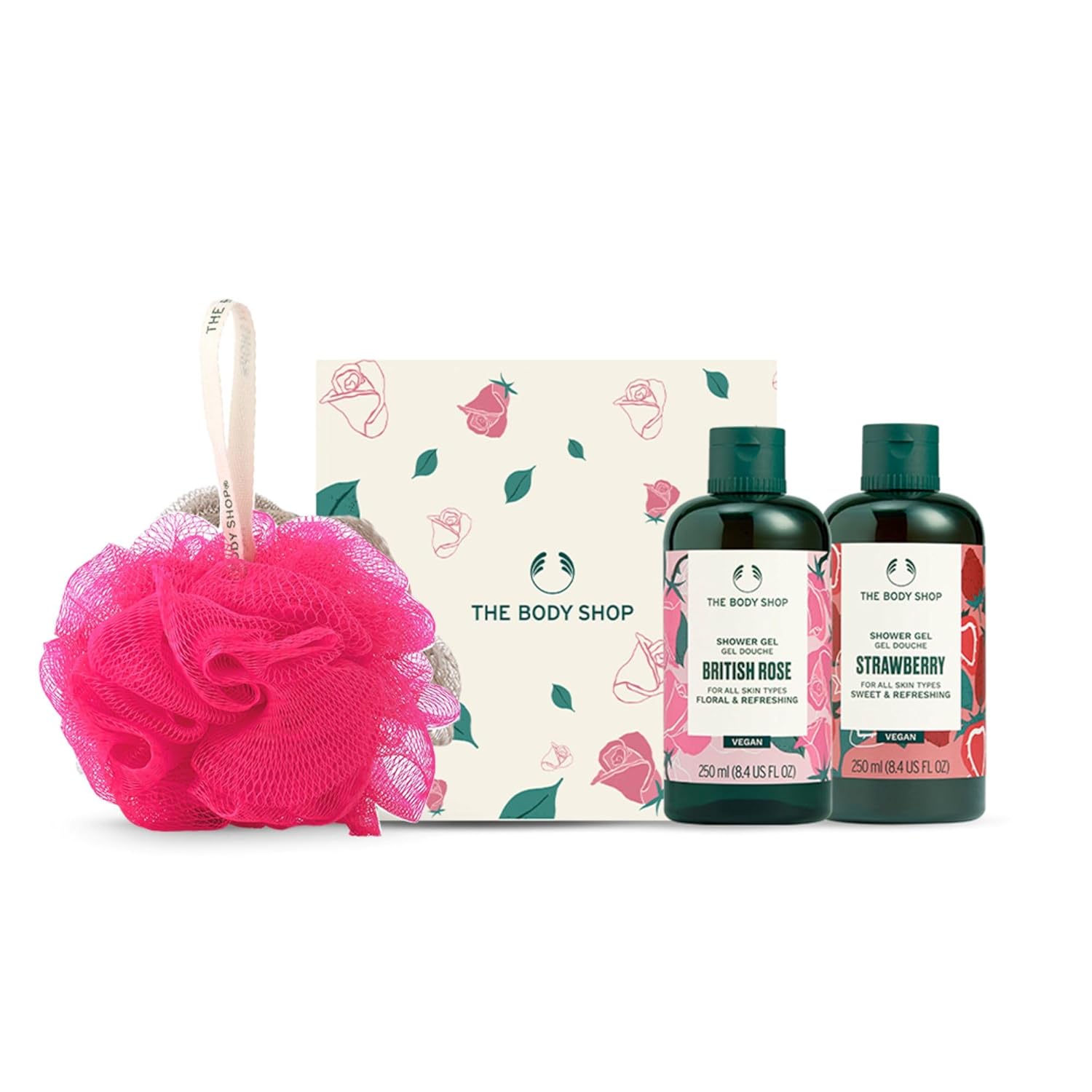 

The Body Shop Fruity Floral Shower Gel Set Pack of 3 British Rose Strawberry Body Wash Gift Set with Loofah Collection