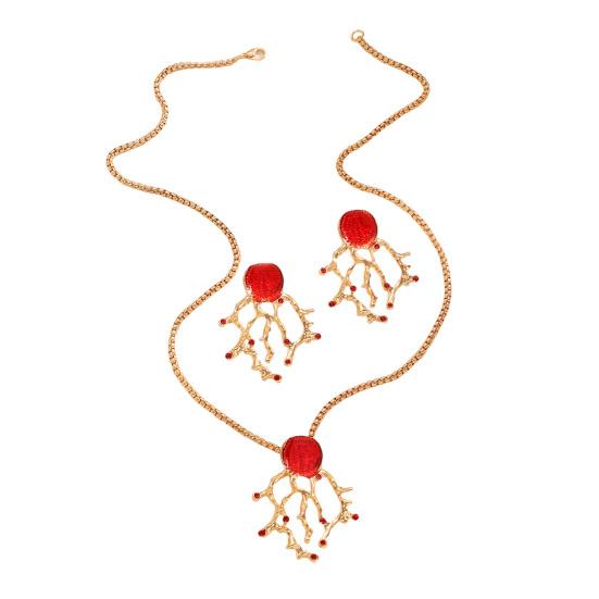 Faux Red Coral Drop Earrings And Necklace Textured Alloy Jewelry with Red Enamel Zircon Accents Unique Ocean-Inspired Design Gift for Women