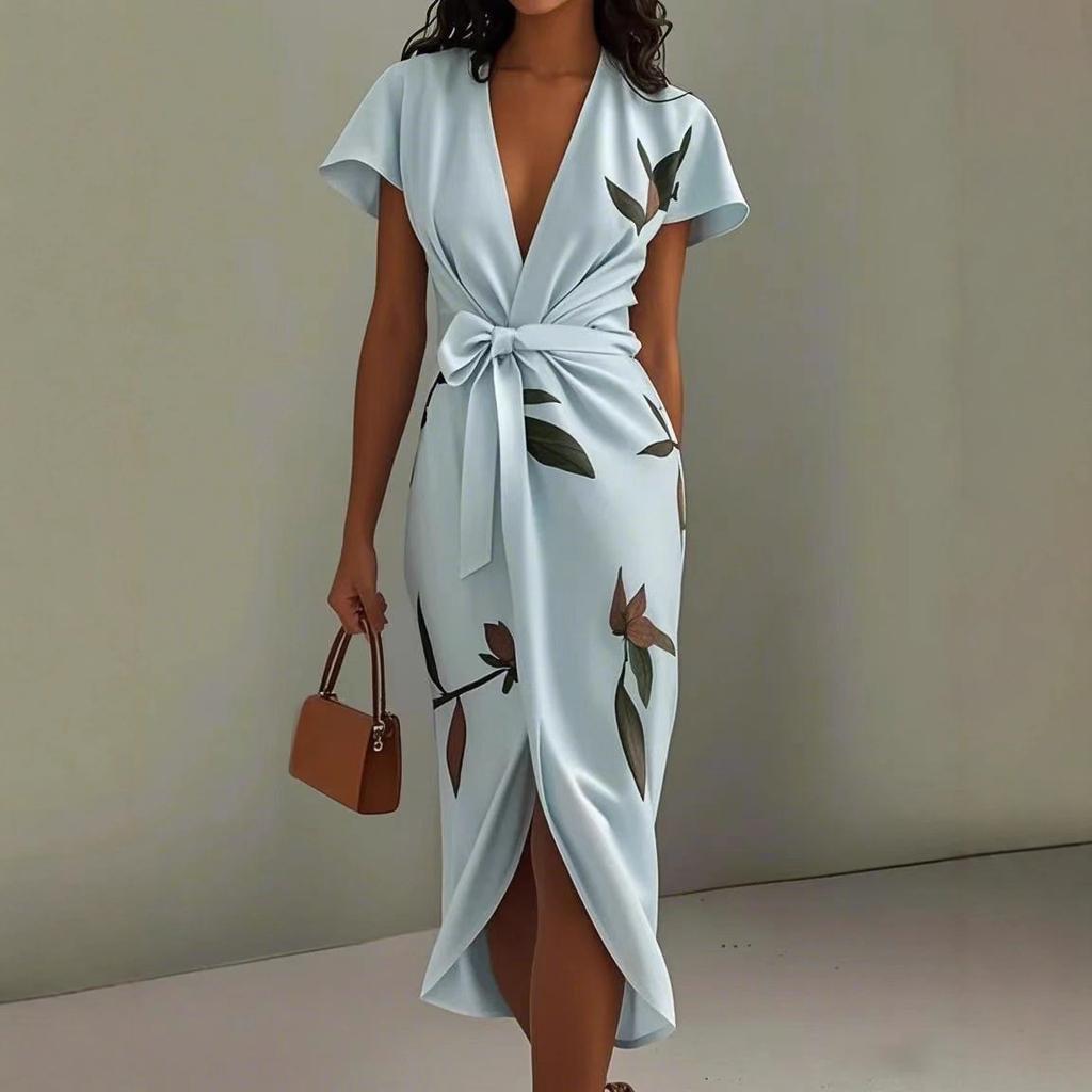 Women's V Neck Short Sleeve Midi Dress Fitted Mid Waist Elegant Wrap Dress Satin Leaf Print Tie Waist For Summer Office Party Daily Wear