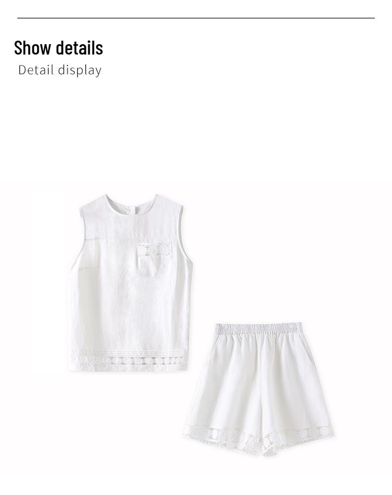 Linen Sleeveless Lace Top & 3D Embroidered Sunflower Shorts Set for Women
