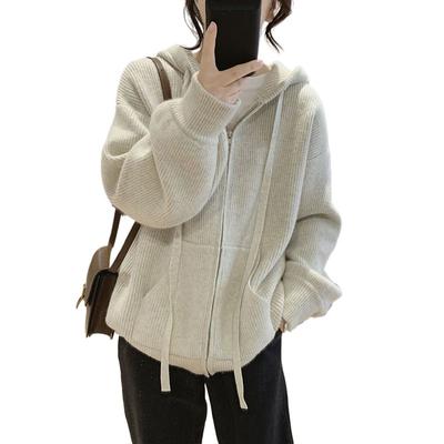 Blue Loose Hooded Zipper Sweater for Women Autumn and Winter Gentle Soft and Lazy Style Knitted Cardigan Top Jacket