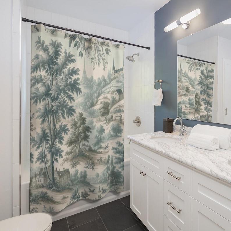 Jessica Chen Green/Blue Toile Curtain - French Country, Victorian Pattern, Farmhouse Style