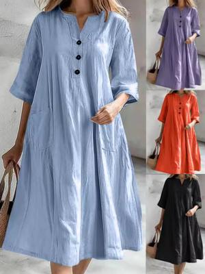Damenkleid mit langem V-Ausschnitt, halblangen Ärmeln, lockerer Version aus Baumwolle und Leinen, drei Knöpfe und Taschen