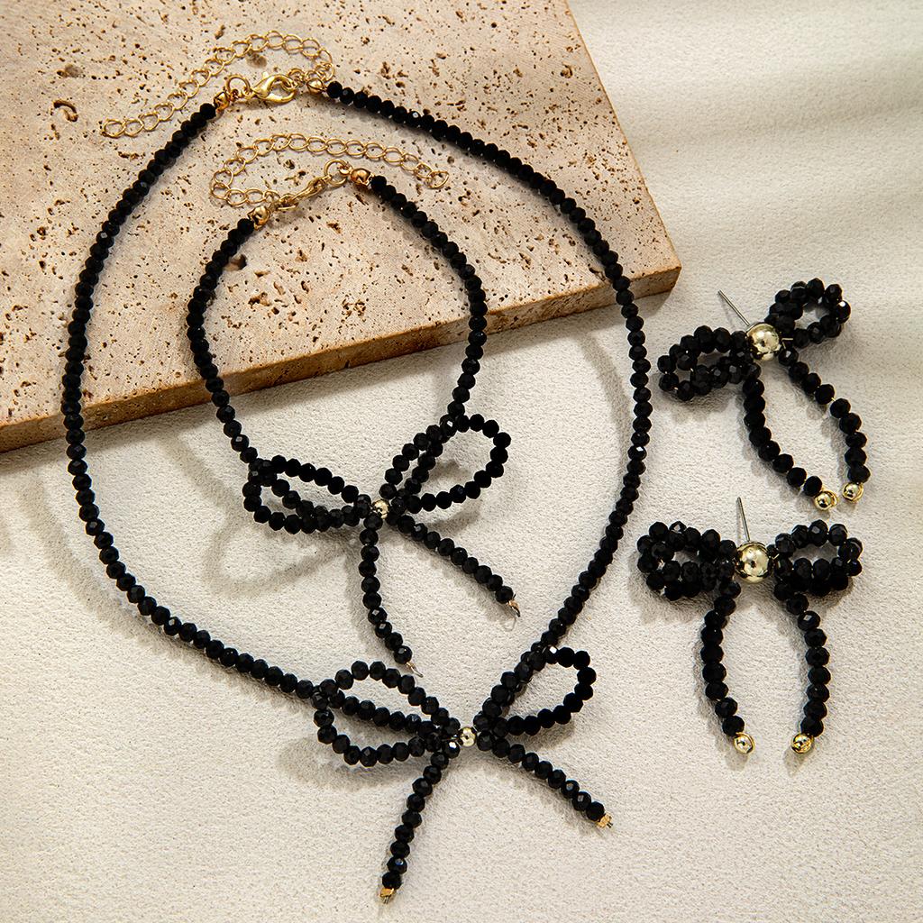3-piece black glass bead bow necklace bracelet earrings women's jewelry set