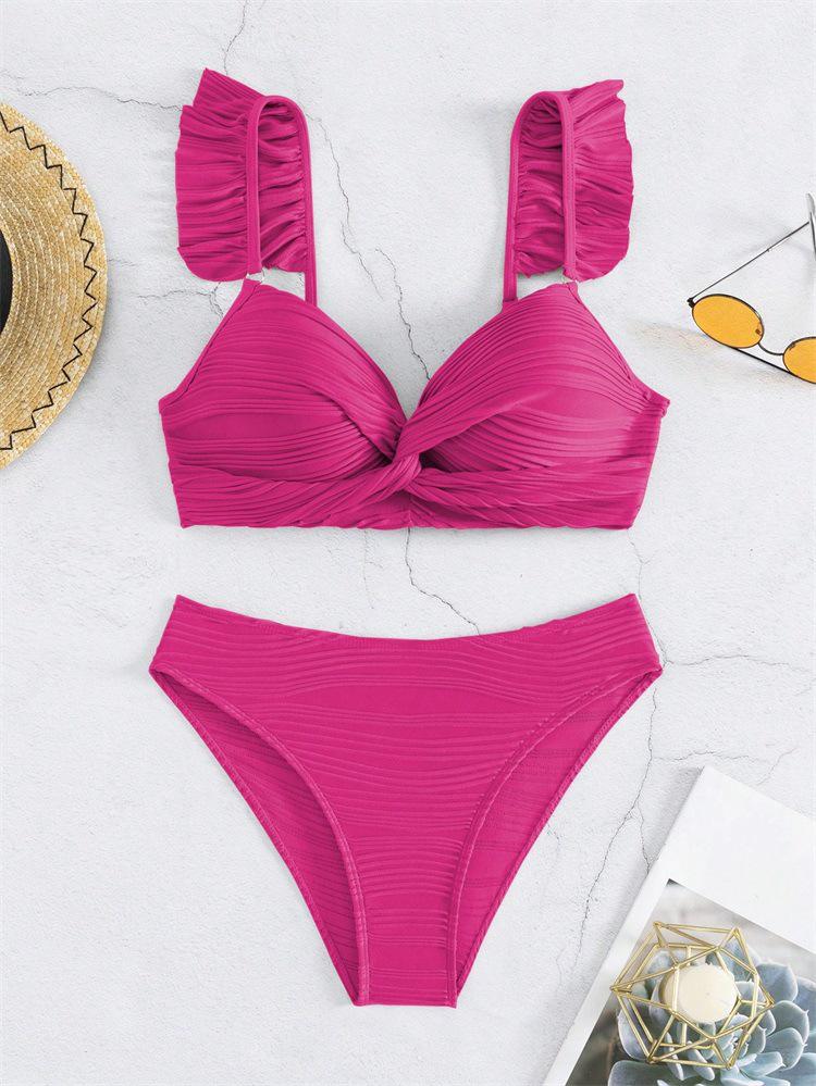 2025 Dámské evropské a americké jednobarevné volánkové bikiny - Letní sexy plážové plavky