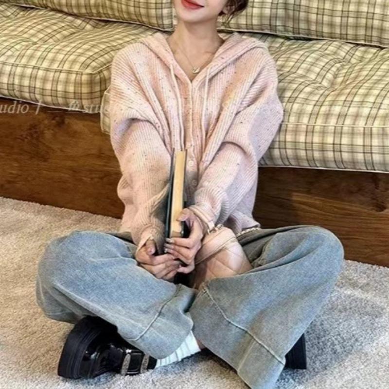 Autumn Winter Hooded Sweater Jacket Short Hooded Single Breasted Knitted Cardigan for Women